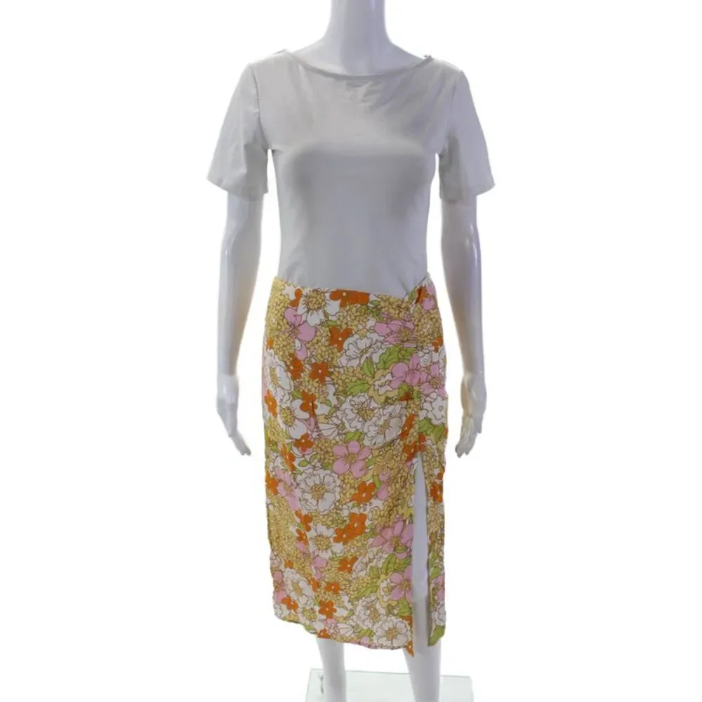 Rahi Womens Back Zip Floral Front Slit Midi Skirt White Multi Size Small